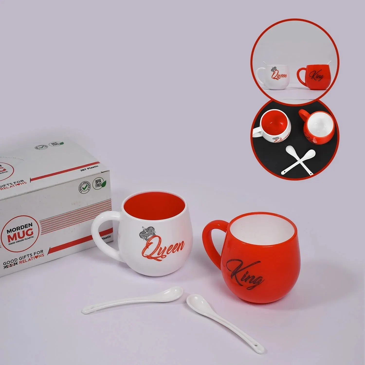 King & Queen Printed Couple Matching Coffee / Tea Plastic Coffee Mug (300ml Set of 2)