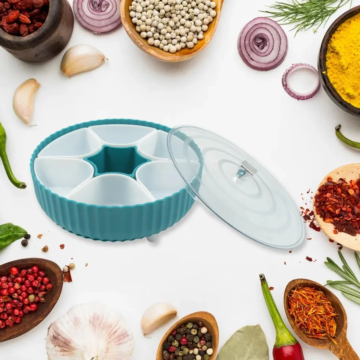 Dry fruit & snack organizer: 360° revolving box (7 compartments, airtight)